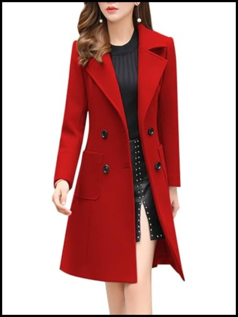 Wool Blend Pea Coat Notch Collar Double Breasted Long Overcoat